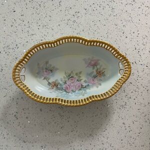 Vintage Floral Porcelain Dish with Gold Trim